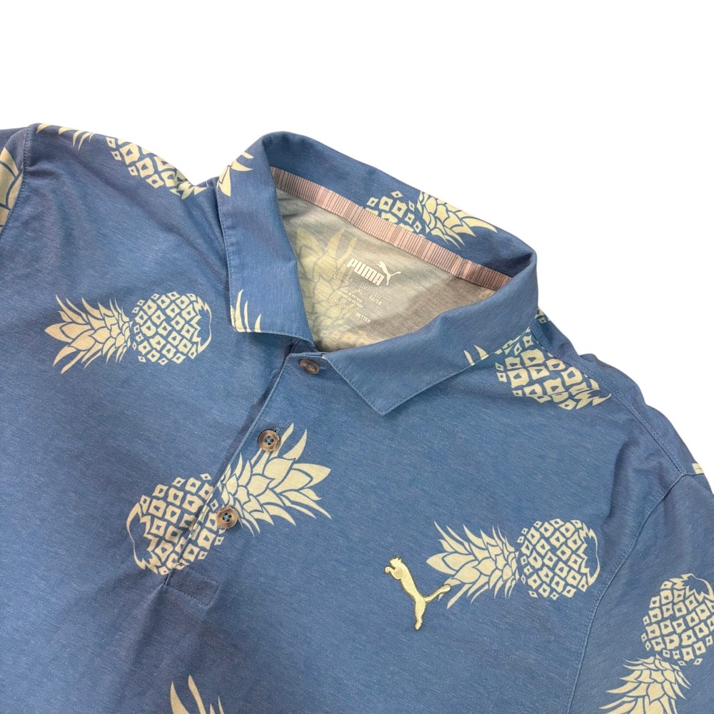 PUMA Golf Polo Shirt Mens L Blue Pineapple Print Performance Stretch Casual